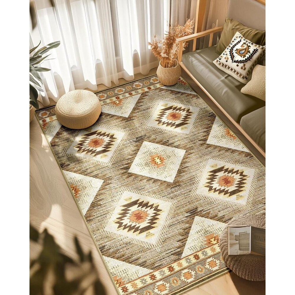 New 5x7 Cream Camel Western Rug, Washable Low Pile Non-Slip Area Carpet for Home